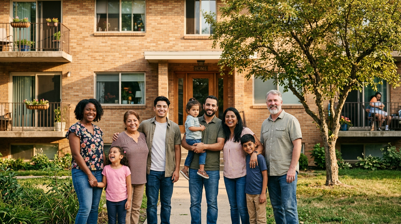Neighbors standing together outside a welcoming home